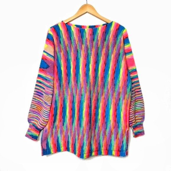 Vintage 80s Handmade Neon Multi Bright Stripe Knit Tunic Sweater - Picture 12 of 12